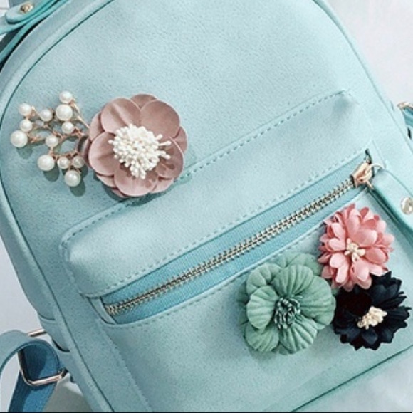 FLORAL EMBELLISHED PASTEL BLUE BACKPACK - Picture 2 of 5